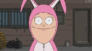 smile on girl dressed as pink bunny gradually turns to frown
